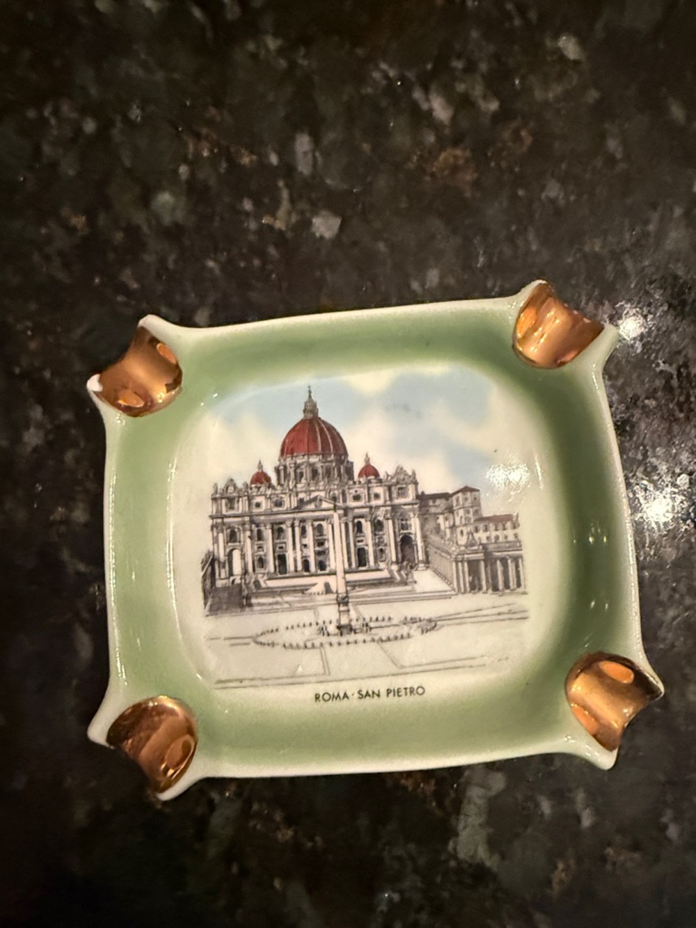 Vintage Roma San Pietro Ashtray - Green with Gold Accents